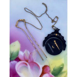 Vintage 1950s Damascene Masonic Compass Spinner Watch Fob Attached Hairpin Chain